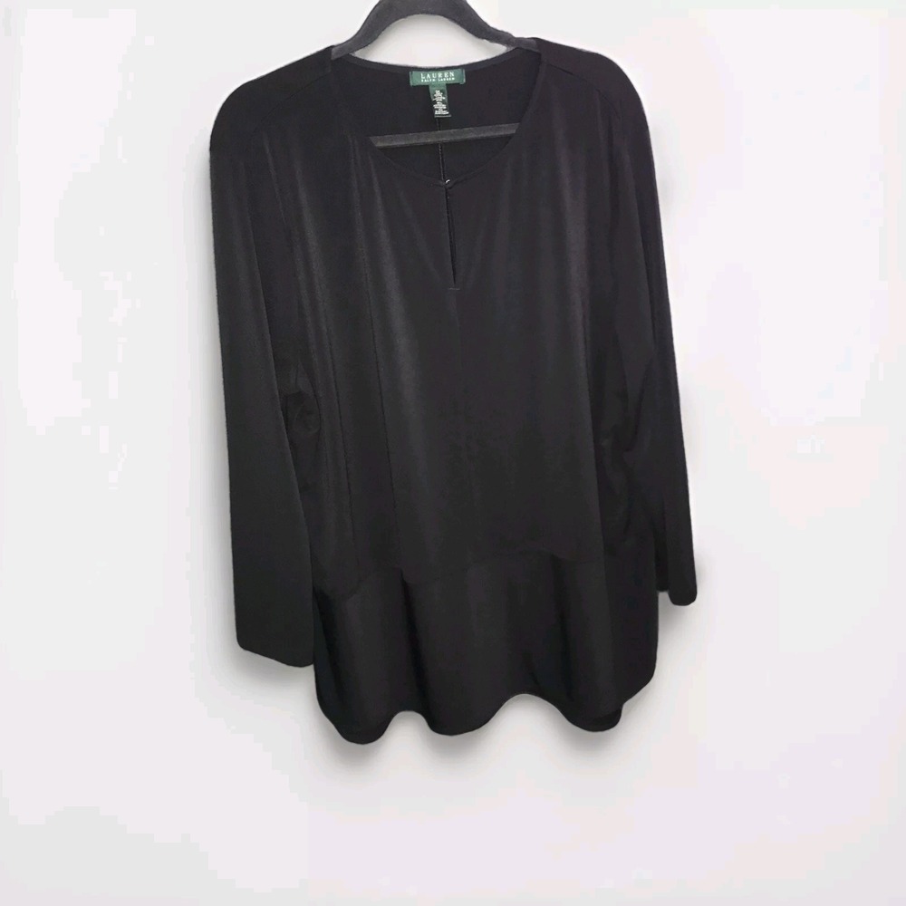 Lauren Ralph Lauren Womens Tunic Top 2X Black Blouse Key Hook Clasp Round Neck‎
